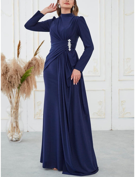 A-Line Evening Gown Elegant Black Dress Plus Size Dress Formal Sweep / Brush Train Long Sleeve High Neck Satin with Pleats Sequin