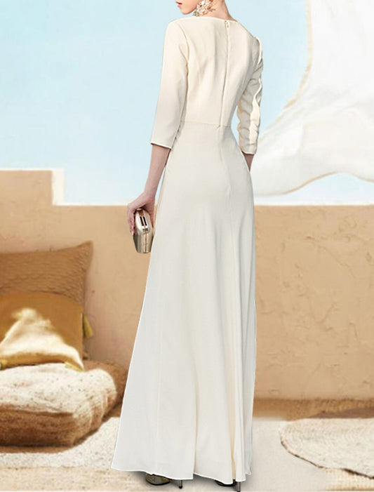 A-Line Evening Gown Elegant Dress Formal Wedding Guest Floor Length 3/4 Length Sleeve V Neck Chiffon with Appliques Pure Color 2026