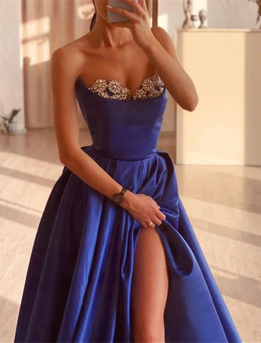 A-Line Evening Gown High Split Dress Wedding Prom Court Train Sleeveless Strapless Satin with Rhinestone Slit 2026
