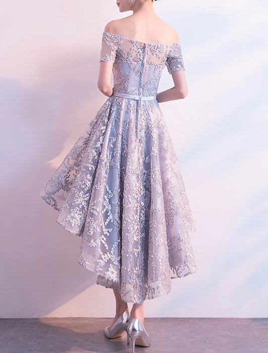 A-Line Cocktail Dresses Elegant Dress Wedding Guest Homecoming Asymmetrical Short Sleeve Off Shoulder Tulle with Bow(s) Pleats