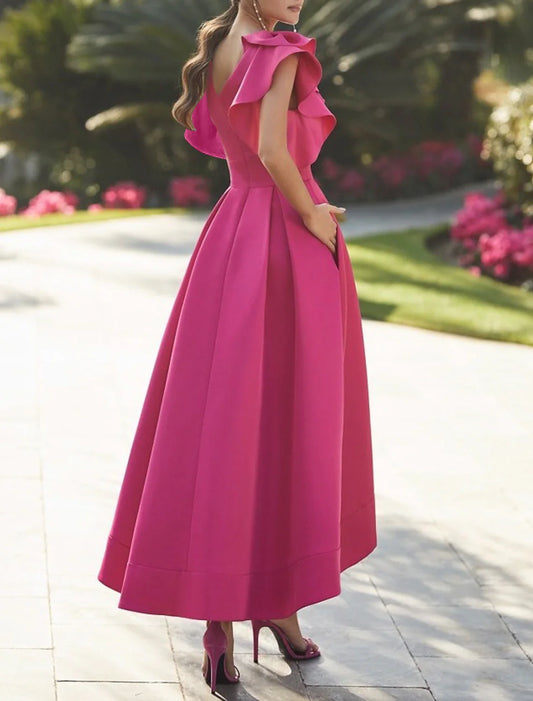 A-Line Cocktail Party Dress Elegant Dress Semi Formal Asymmetrical Sleeveless V Neck Fall Wedding Guest Fabric with Ruffles