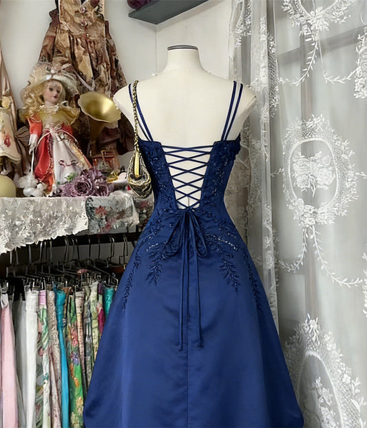A-line Blue Satin Ruffle Prom Gown,Vintage Style Prom Dress with Beaded
