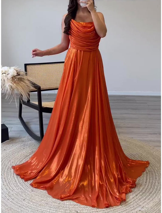 A-Line Evening Gown Elegant Dress Formal Sweep / Brush Train Sleeveless Spaghetti Strap Satin with Pleats Ruched