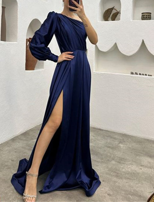 A-Line Evening Gown Elegant Dress Wedding Reception Fall Sweep / Brush Train Long Sleeve One Shoulder Charmeuse with Ruched Slit