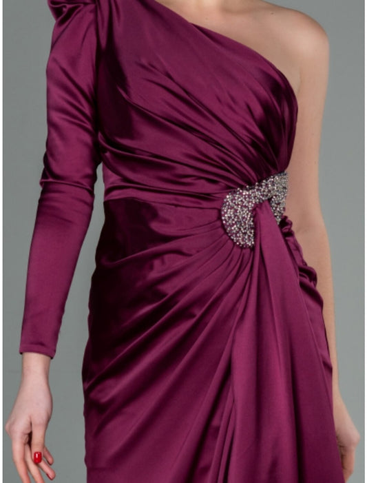 A-Line Evening Gown Elegant Dress Formal Fall Sweep / Brush Train Long Sleeve One Shoulder Satin with Ruched Sequin Slit 2026