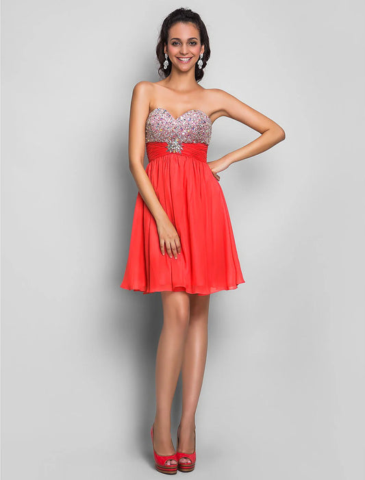 A-Line Cute Dress Wedding Guest Cocktail Party Short / Mini Sleeveless Sweetheart Pink Dress Chiffon with Ruched Crystals Beading