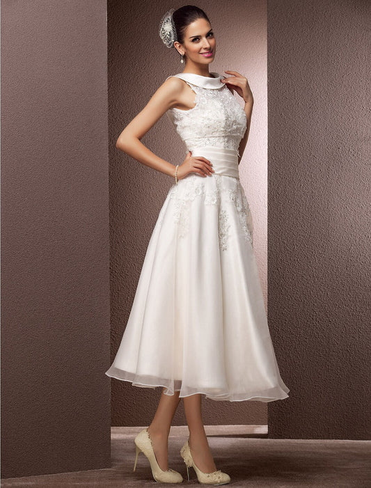 Hall Wedding Dresses A-Line Illusion Neck Sleeveless Tea Length Lace Bridal Gowns With Pearl Beading Summer Wedding Party Women's Clothing