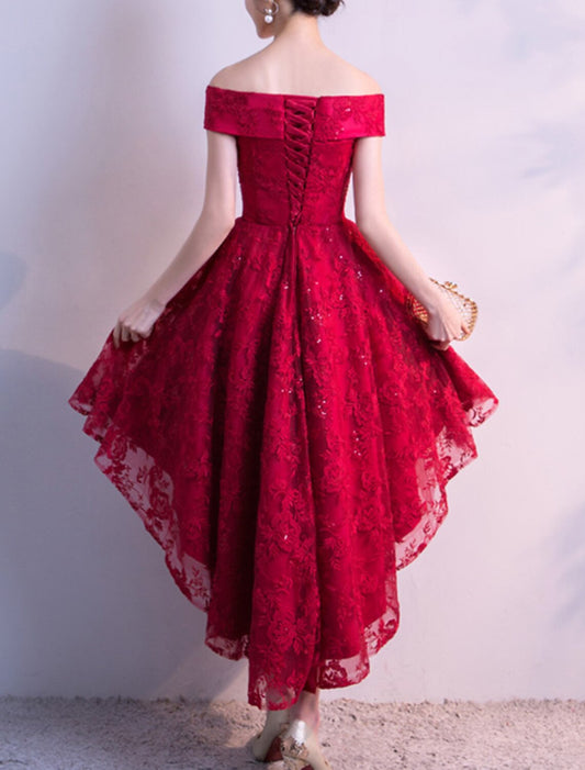 A-Line Cocktail Dresses Elegant Dress Party Wear Cocktail Party Asymmetrical Short Sleeve Off Shoulder Tulle with Pleats Embroidery