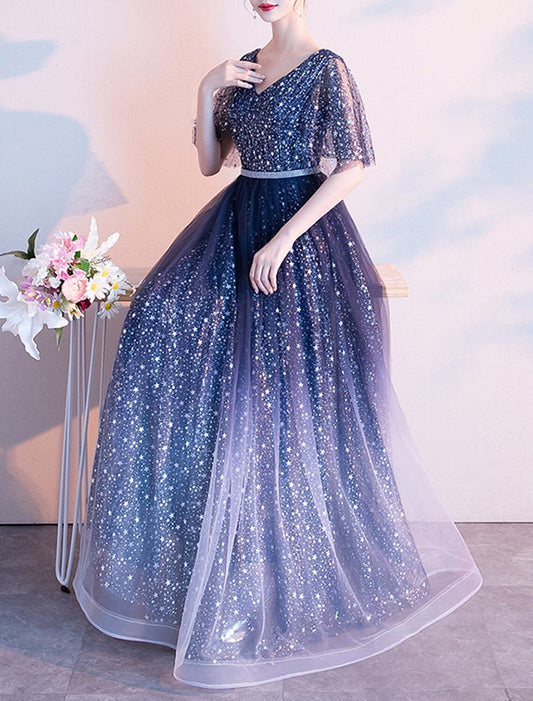 A-Line Evening Gown Glittering Dress Wedding Guest Prom Floor Length Half Sleeve V Neck Tulle with Sash / Ribbon Pleats Sequin 2026