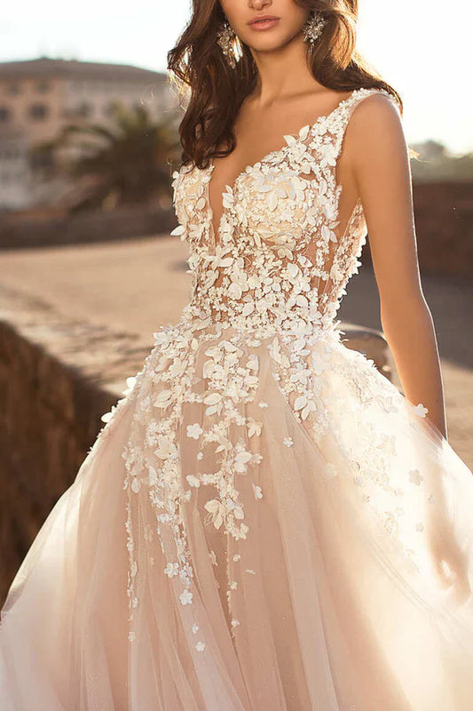 A line Hall casual wedding dress with 3D lace stickers on the neck rural style bride dress