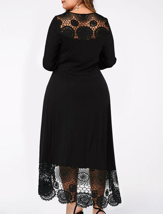 A-Line Cocktail Dresses Elegant Dress Wedding Guest Party Wear Ankle Length Long Sleeve Jewel Neck Spandex with Lace Insert Pure Color