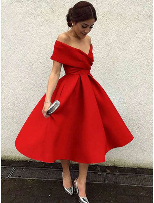 A-Line Cocktail Dresses 1950s Dress Wedding Guest Christmas Red Green Dress Tea Length Short Sleeve V Neck Fabric V Back with Pleats