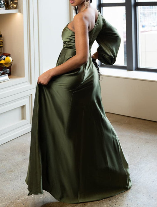 A-Line Evening Gown Elegant Dress Formal Christmas Sweep / Brush Train Long Sleeve One Shoulder Satin with Ruched Ruffles