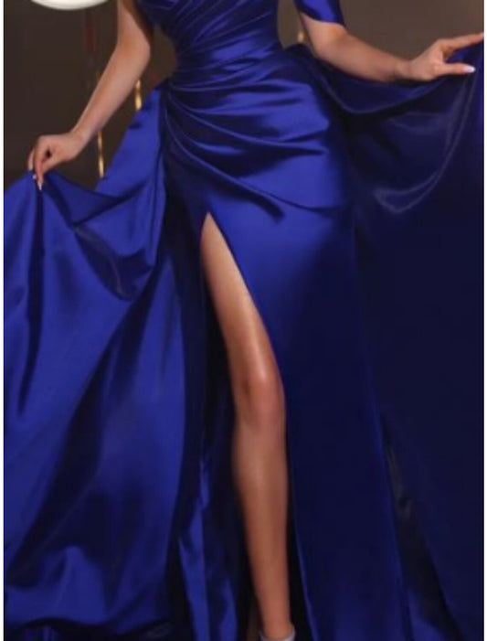 A-Line Evening Gown Elegant Dress Formal Sweep / Brush Train Short Sleeve One Shoulder Satin with Pleats Ruched Slit