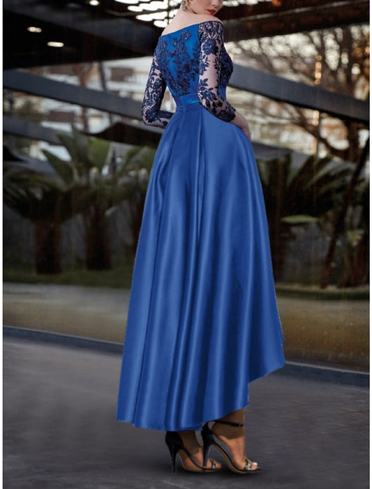 A-Line Evening Gown Glittering Dress Formal Wedding Guest Asymmetrical Long Sleeve Off Shoulder Satin with Pleats Sequin