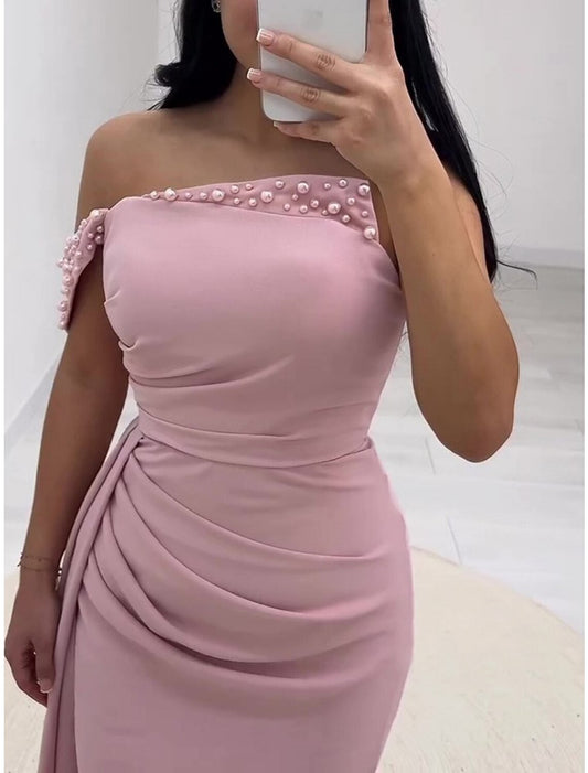 A-Line Evening Gown Elegant Dress Formal Sweep / Brush Train Sleeveless Off Shoulder Chiffon with Pleats Ruched Beading