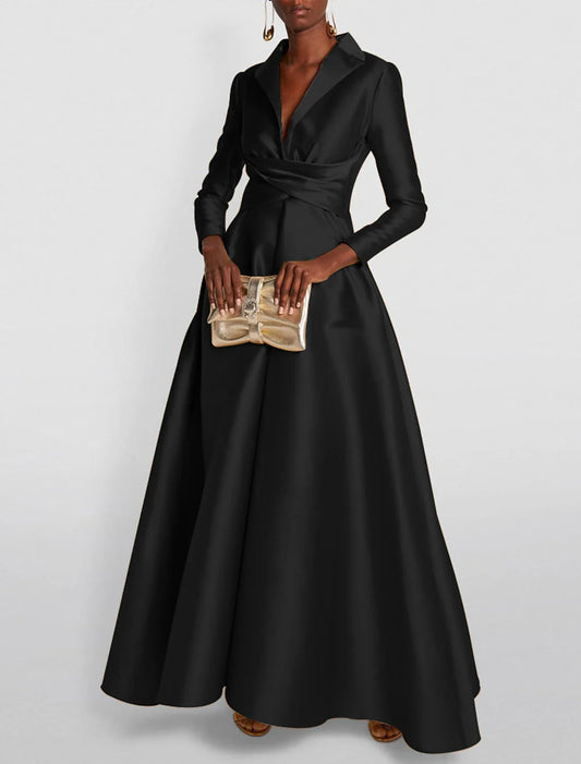 A-Line Evening Gown Elegant Christmas Red Green Dress Formal Wedding Guest Floor Length Long Sleeve Shirt Collar Satin with Ruched 2026
