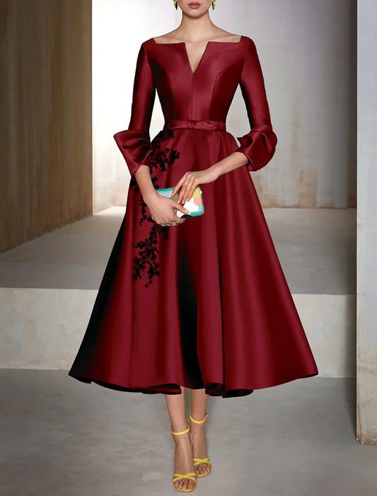 A-Line Cocktail Dresses Christmas Red Green Dress Wedding Guest Tea Length 3/4 Length Sleeve V Neck Satin with Bow(s) Appliques 2026