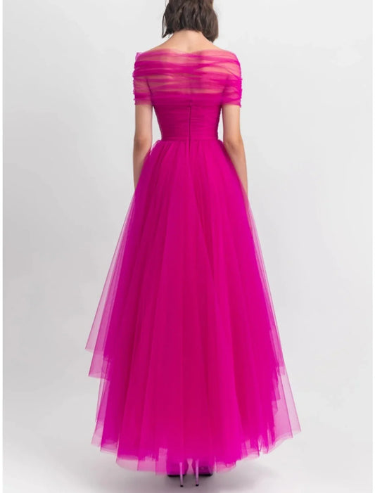 A-Line Evening Gown Party Dress Puffy Dress Formal Fall Ankle Length Short Sleeve Off Shoulder Tulle with Pleats Ruched 2026