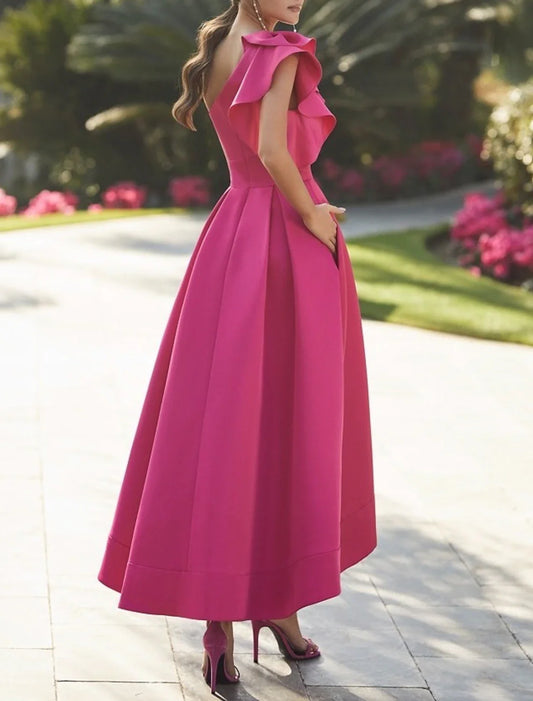 A-Line Cocktail Dresses Elegant Dress Prom Birthday Asymmetrical Sleeveless One Shoulder Fall Wedding Guest Fabric with Ruffles Pure Color