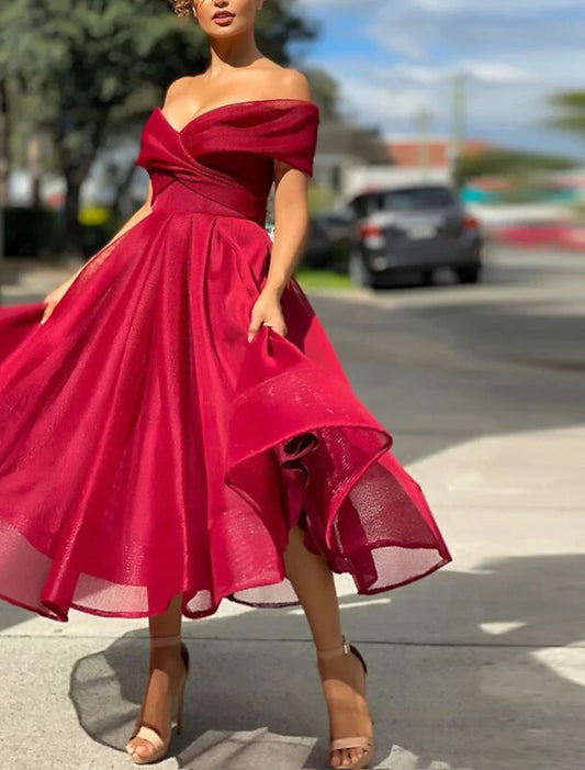 A-Line Cocktail Dresses Vintage Dress Wedding Guest Christmas Red Green Dress Tea Length Sleeveless Off Shoulder Tulle with Pleats 2026