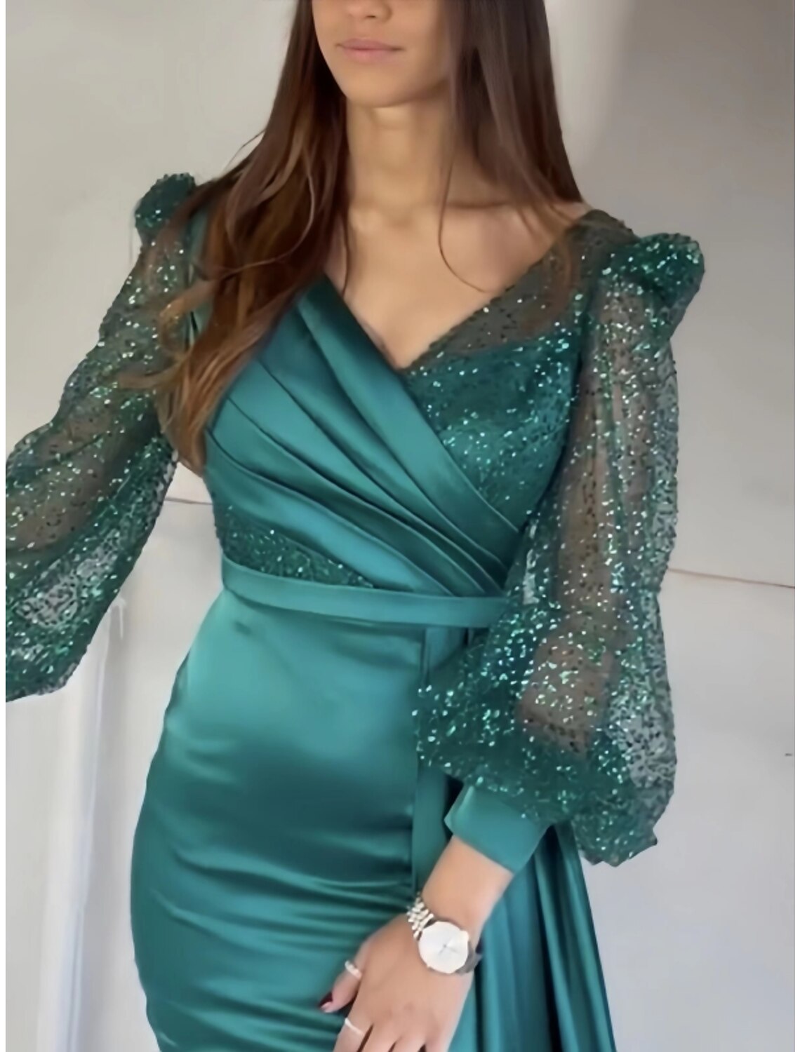 A-Line Evening Gown Sparkle & Shine Dress Formal Fall Court Train Long Sleeve V Neck Satin with Glitter Pleats