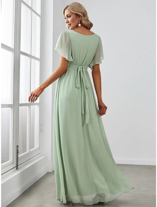 A-Line Bridesmaid Dress V Neck Short Sleeve Elegant Chiffon with Ruffles / Solid Color