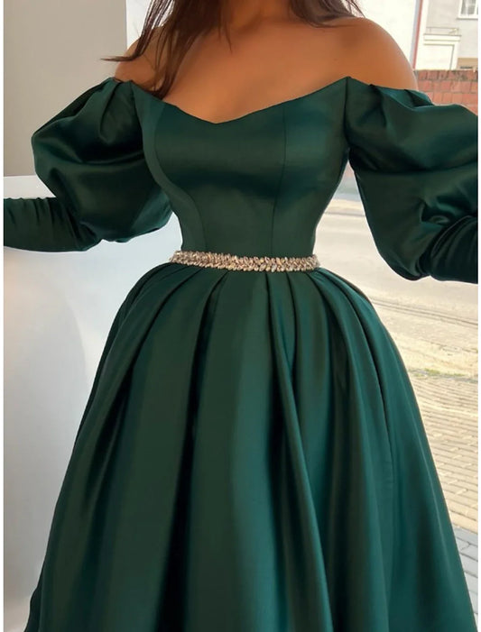 A-Line Evening Gown Elegant Dress Formal Tea Length Christmas Red Green Dress Long Sleeve Off Shoulder Satin with Pleats Crystals 2026
