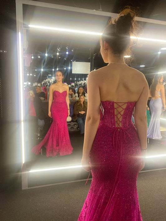 Hot Pink Mermaid Long Prom Gown Evening Dress