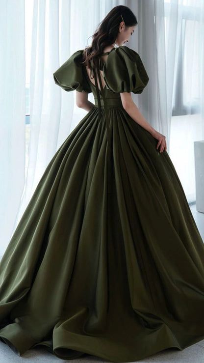 A Line Green Puffy Sleeves Long Evening Gowns Party Prom Dresses   S6931