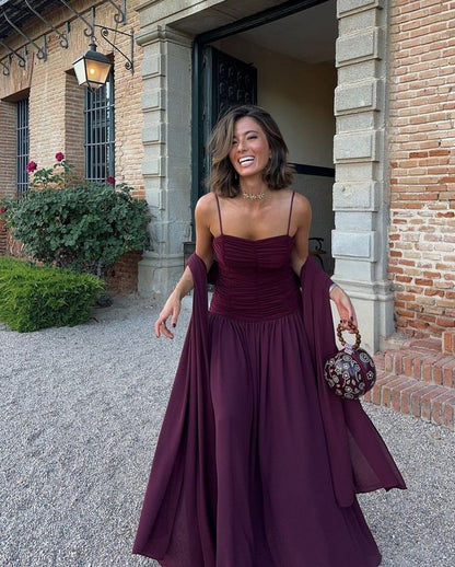 Elegant Grape Pleated Fashion Sleeveless Long Dresses Evening Gowns Party Dresses   S6926