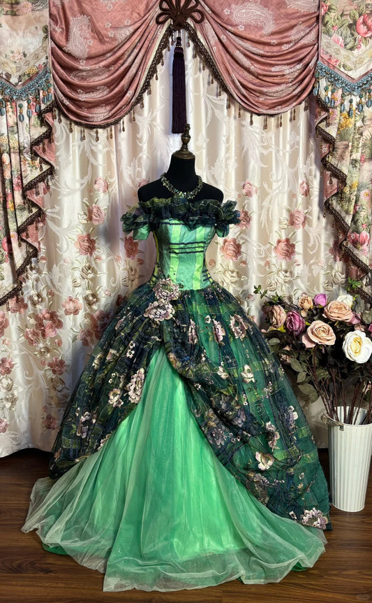A Line Green Quinceanera Dress Ball Gown Off Shoulder Sweet 16 Dress