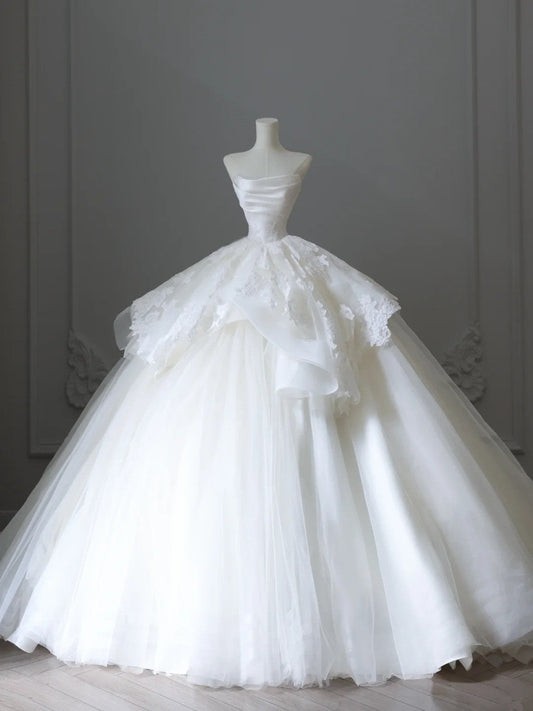 A Line Ball Gown White Tulle Long Wedding Dress Princess Bridal Gown