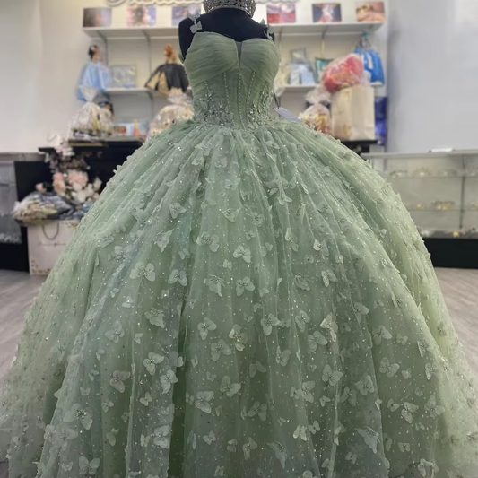 3D Butterfly Quinceanera Dresses Sage Green Ball Gowns with Crystal Corset
