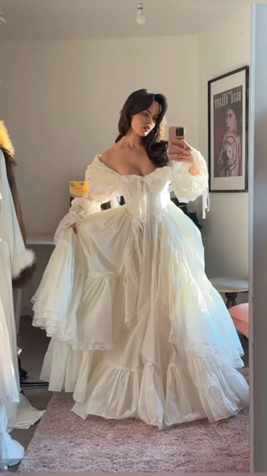 A Line Long Sleeves Off Shoulder Long Wedding Dresses Evening Gown