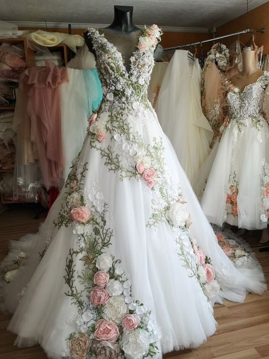 3D Flower Lace formal Wedding Dresses Modest Backless A-Line Long Tulle Bridal Gowns Floral Bridal Party Dresses        S6298