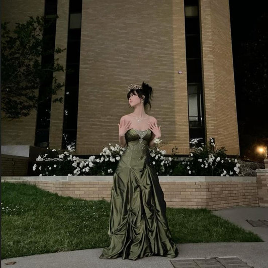A line Strapless Green Floor Length Ball Gown Evening Dress