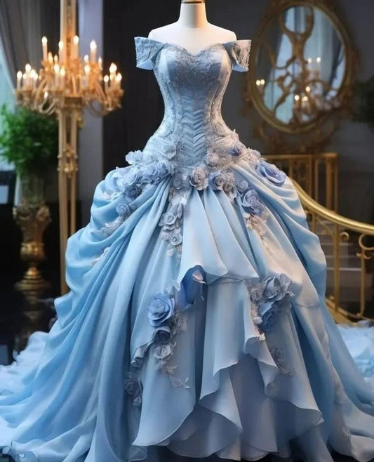 A Line Blue Ball Gown Tulle Long Prom Dress Evening Formal Dress