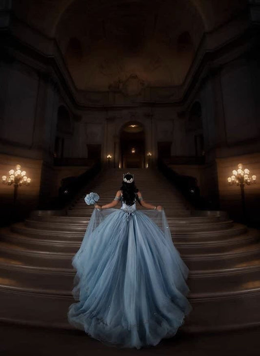 A line Blue Off Shoulder Quinceanera Dress Ball Gown        S6124