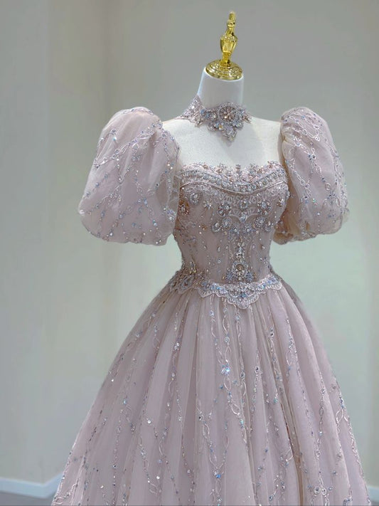 A Line Long Pink Tulle Evening Gown Princess Dress Prom Ball Gown       S6557