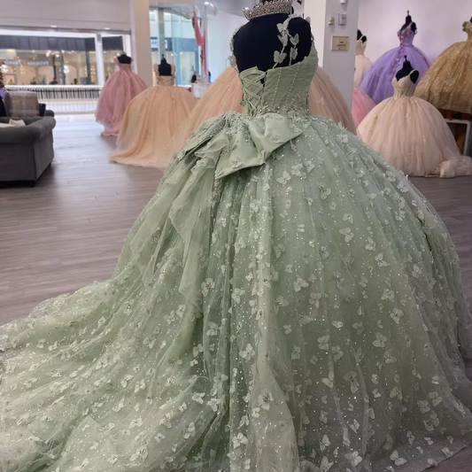 3D Butterfly Quinceanera Dresses Sage Green Ball Gowns with Crystal Corset