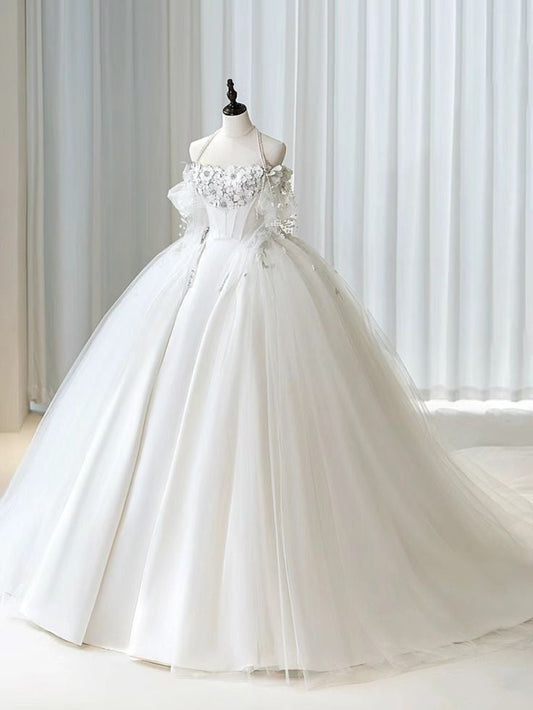 A Line Off Shoulder Long Wedding Dresses A Line White Bridal Gown        S6362
