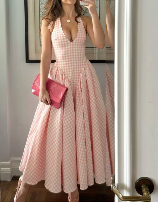A Line Halter Sleeveless Plaid dress Evening Party Gowns