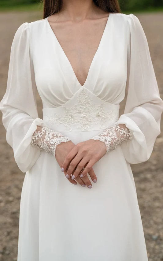 Ivory lace wedding dress long sleeve button back long train gown lace & chiffon Wedding Dresses