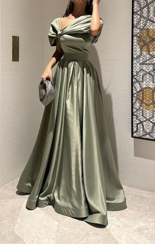 A Line Off Shoulder Sage Green Prom Dress Evening Formal Party Gowns