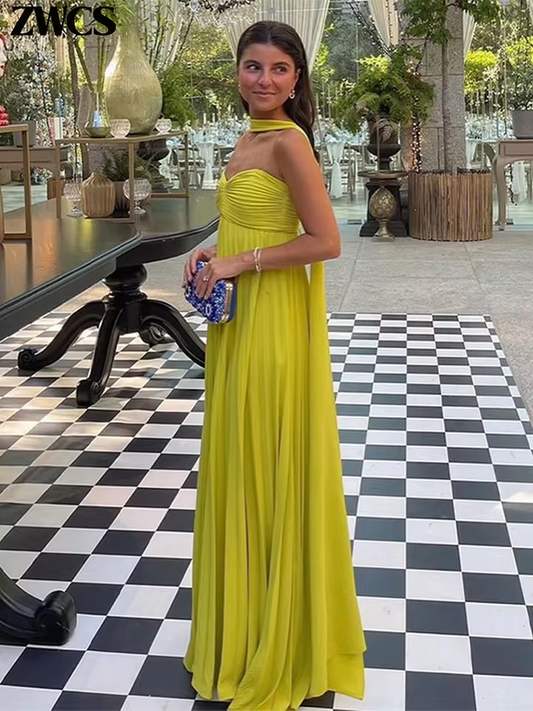 2025 New Women Strapless Ribbon Pleated Dresses Sexy Sleeveless Long Evening Party Gowns