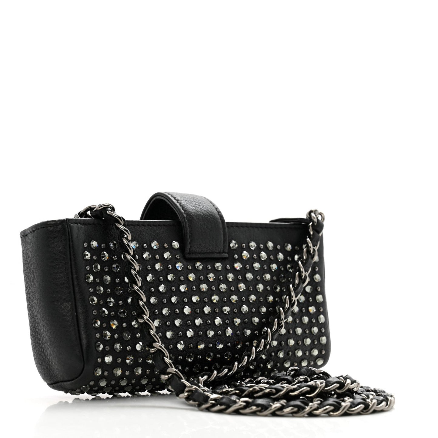 Calfskin Strass Studded Mini Phone Holder Clutch Black
