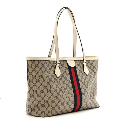 GG Supreme Monogram Textured Dollar Calfskin Web Medium Ophidia Shopping Tote Beige Ebony Mystic White
