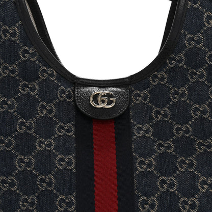 Denim GG Monogram Web Small Giglio Tote Blue White