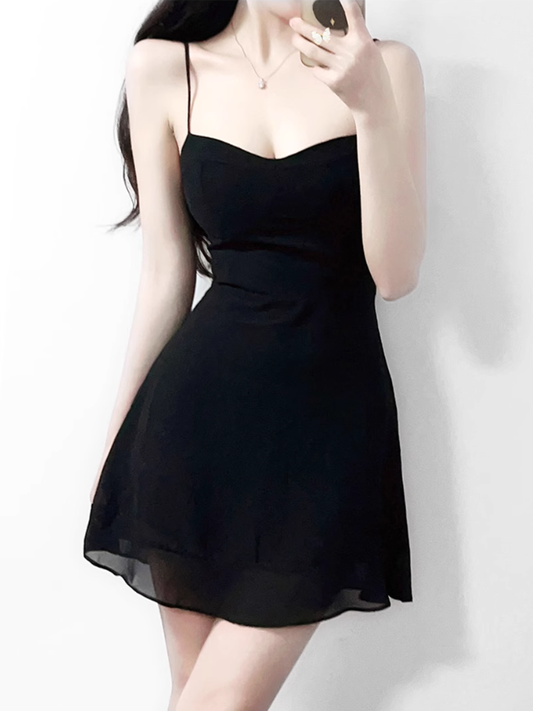 2025 summer new sexy petite pure black slim short suspender dress R0946